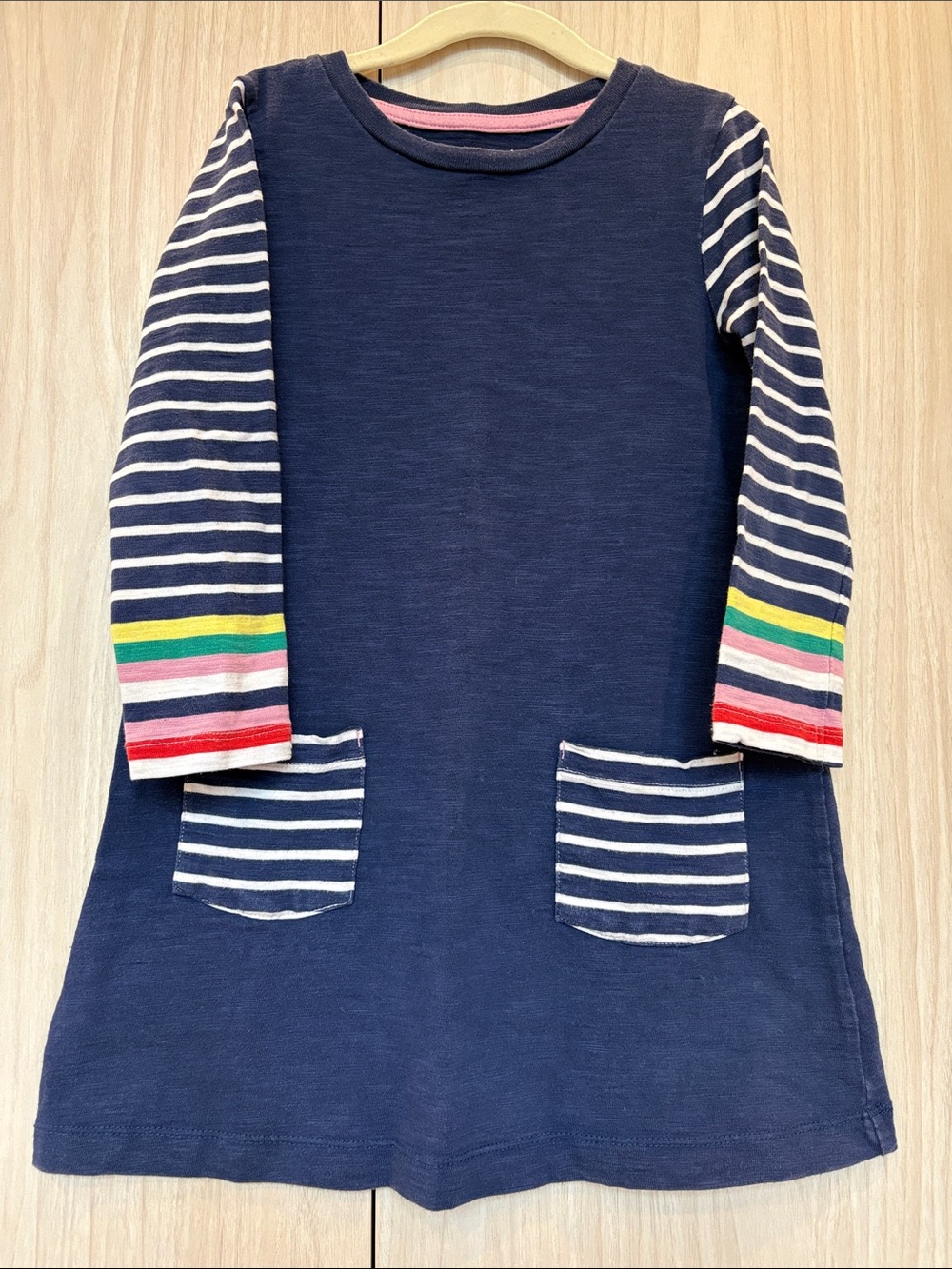 Mini Boden Navy Long-Sleeve Dress with Striped Sleeves and Pockets